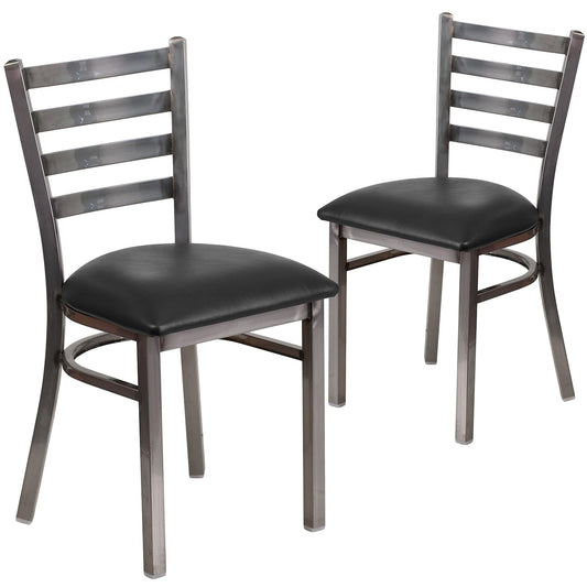 Flash Furniture 2 Pack HERCULES Series Clear Coated Ladder Back Metal Restaurant Chair - Black Vinyl Seat