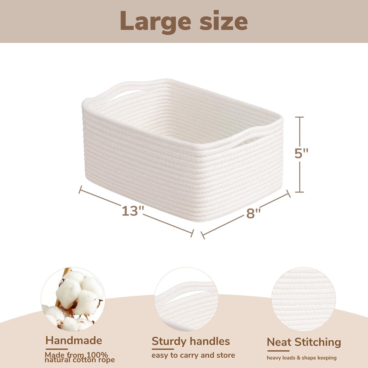 Goodpick Baskets for Organizing, Shelf Toy Basket for Organizing, Toy Organizer, Woven Rope Shelf Organizer 3 Pack for Nursery Organization, White, 13 x 8 x5 in