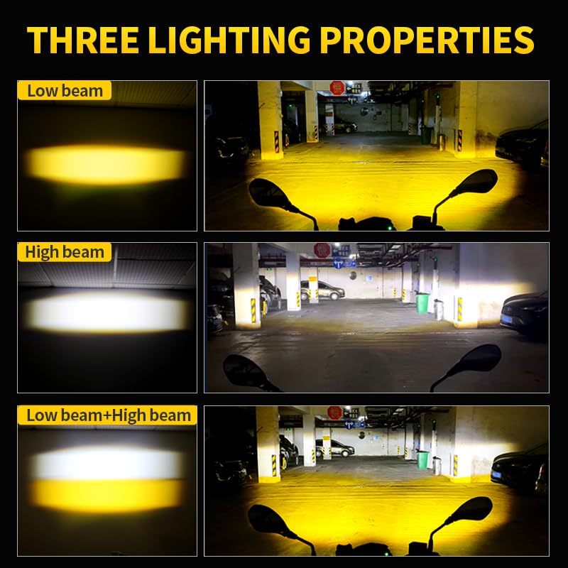 APMAT Universal Motorcycle LED Lights Auxiliary Spotlights White/Amber Driving Fog Light, High/Low Beam Switchback with 7 Modes Dual-Color Strobe for Night Riding, 2PCS