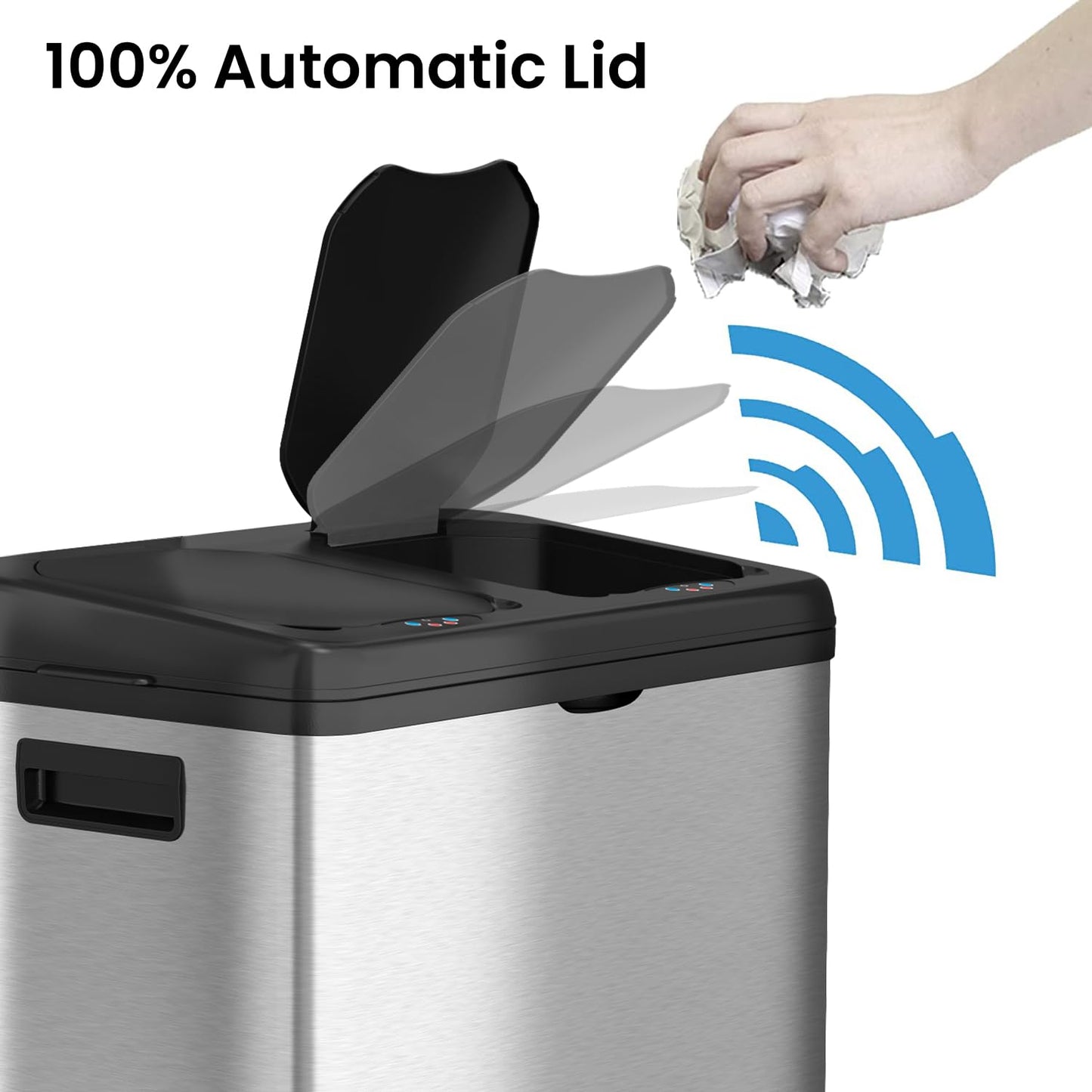 iTouchless 16 Gallon Stainless Steel Dual Compartment Sensor Kitchen Trash Can and Recycle Bin with Wheels – 60L Rectangular Garbage Can with Touchless Motion Sensor Lid & Removable Inner Buckets