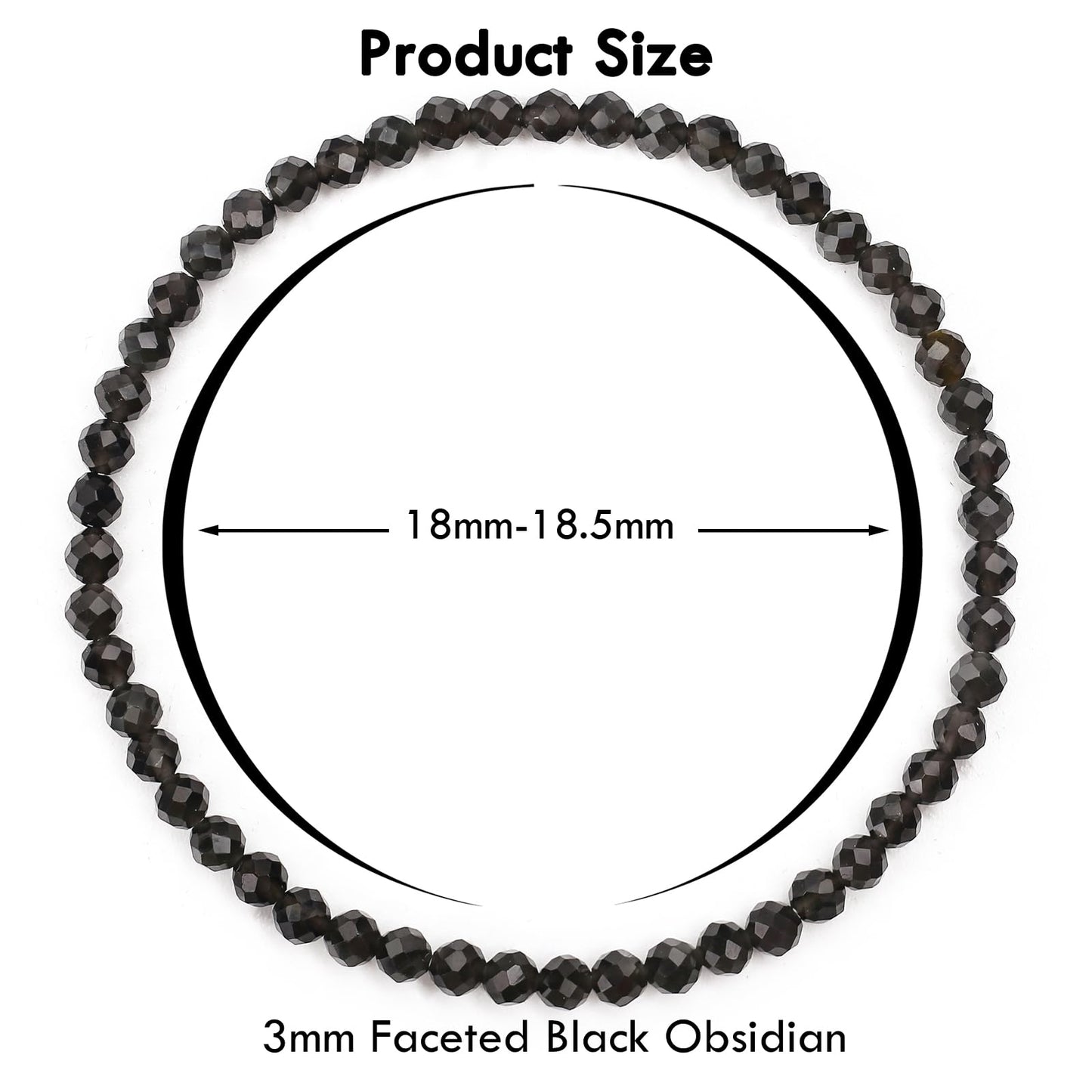 BONNY BOXX Natural Genuine Gemstone Faceted Round Beads Bracelets, 3mm Adjustable Stretchy Tiny Faceted Black Obsidian Bracelet, Healing Crystal Reiki Chakra Dainty Jewelry Fashion Gifts