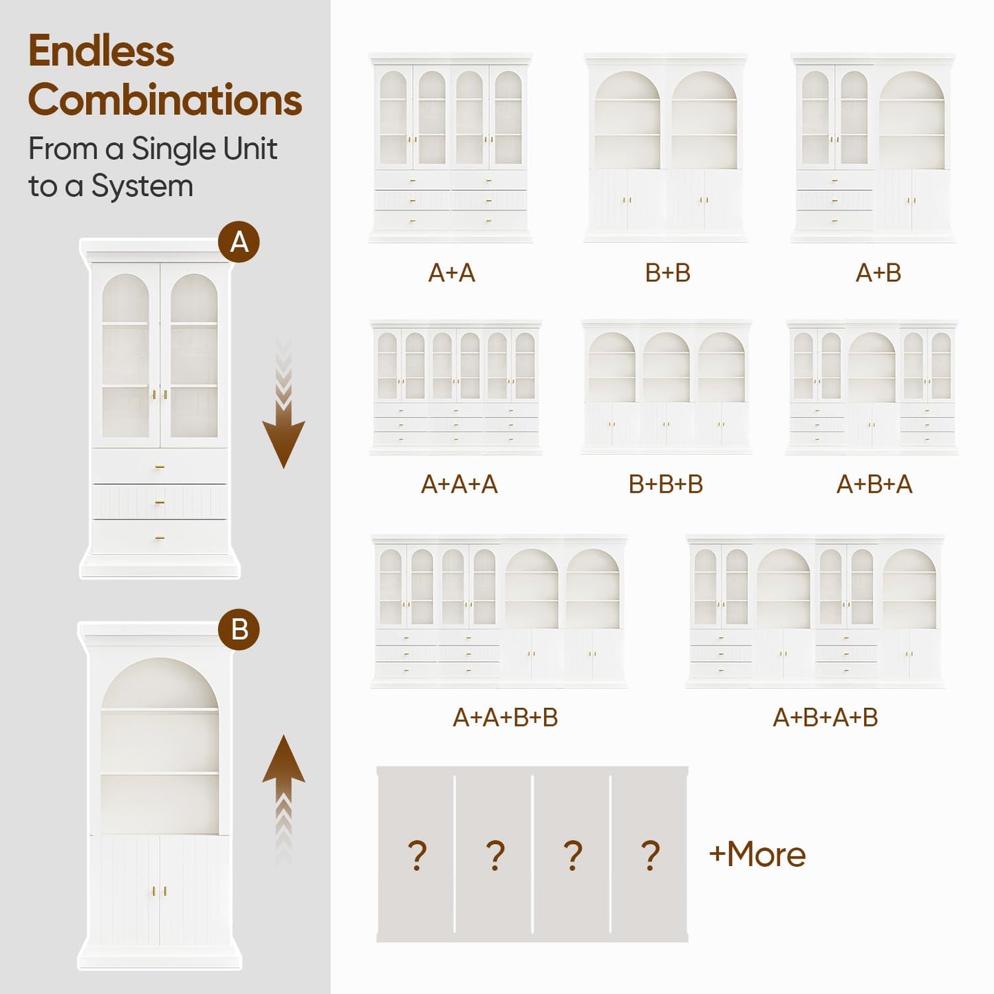 Vyre 71" Arched Kitchen Cabinet, Glass Door Display and Tall Storage Cabinets with Drawers, Modern Pantry for Dining Room or Living Room, White with Gold Handles, 3 of Set