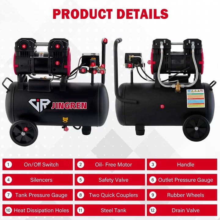 JIR JINGREN 8 Gallon Ultra Quiet Air Compressor, 2HP 4.2CFM, Max 120 PSI Oil-Free Air Compressor Tank, 120V/11A, 68dB for Car Repair, Spray Painting, Woodwork Nailing（With Accessories Kit）