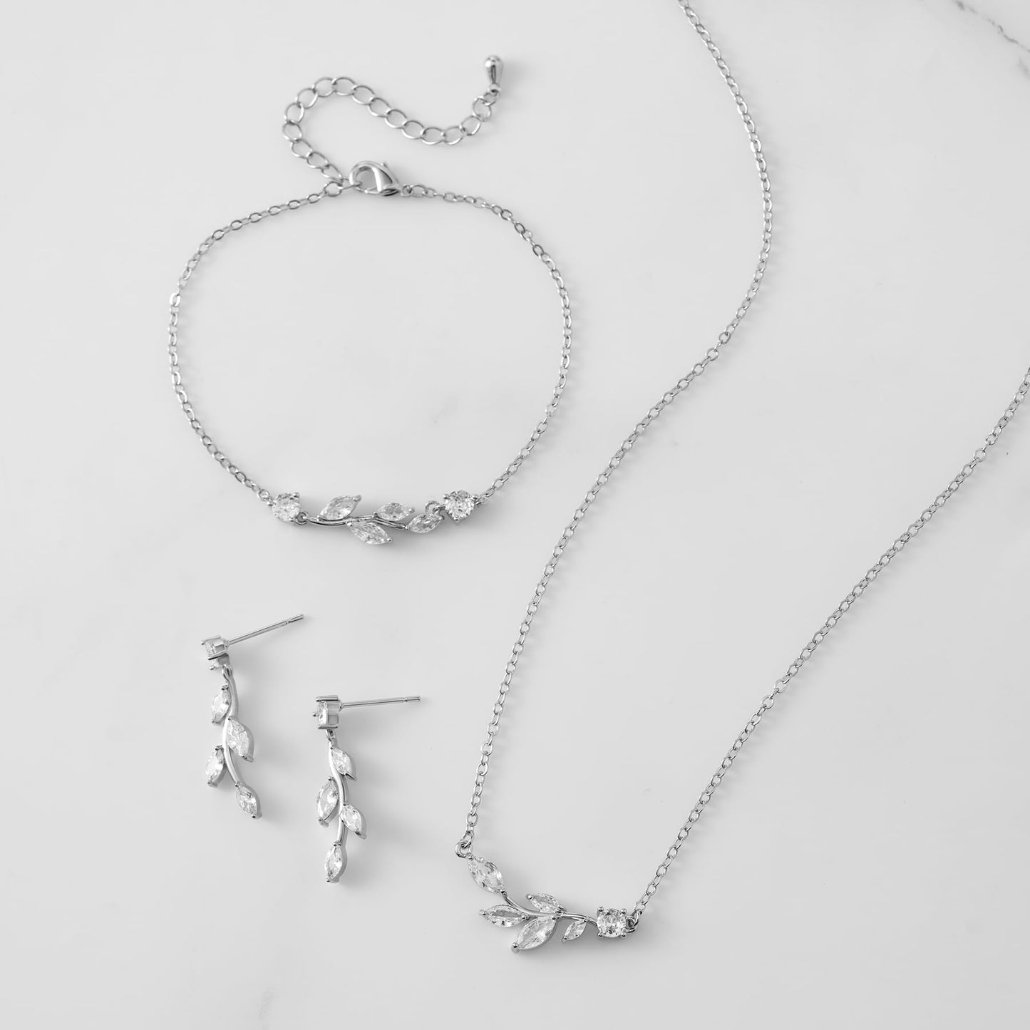 SWEETV Bridal Jewelry Set for Bride & Bridesmaid - Cubic Zirconia Leaf Vine Earrings, Necklace & Bracelet Set for Wedding & Prom