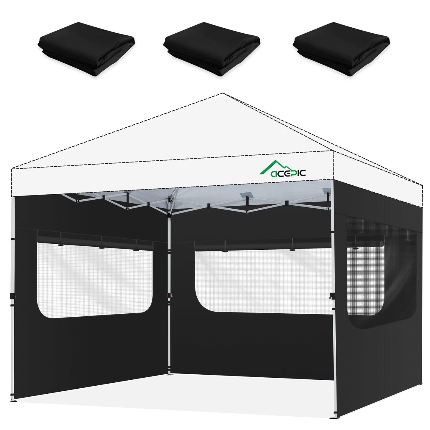 Acepic Instant Canopy SunWall for 10x10 Pop Up Canopy Frame with Mesh Window and Zipper, 99% Rainproof and UV Protection for Outdoor, Viewing the Scenery, and Ventilation (3 PCS Sidewalls Only, Black)