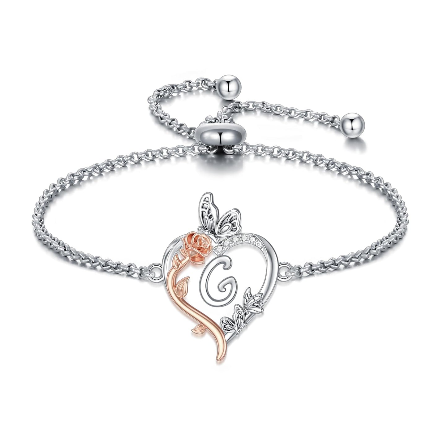 TOUPOP Rose Heart Bracelet for Women Sterling Silver Heart Initial G Letter Bracelet Butterfly Love Jewelry Anniversary Birthday Mothers Day Gifts for Mom Wife Her Girlfriend