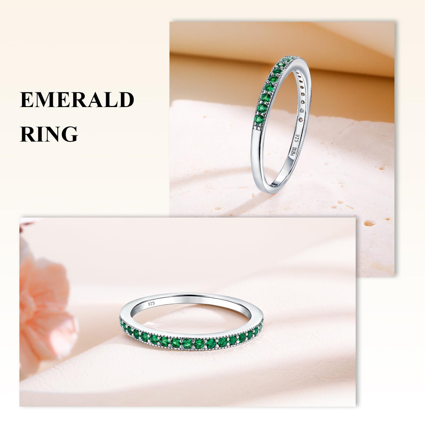 AGRULE Emerald Wedding Band Ring for Women May Birthstone Ring Sterling Silver Half Eternity Band Rings Green Anniversary Ring, Size 8