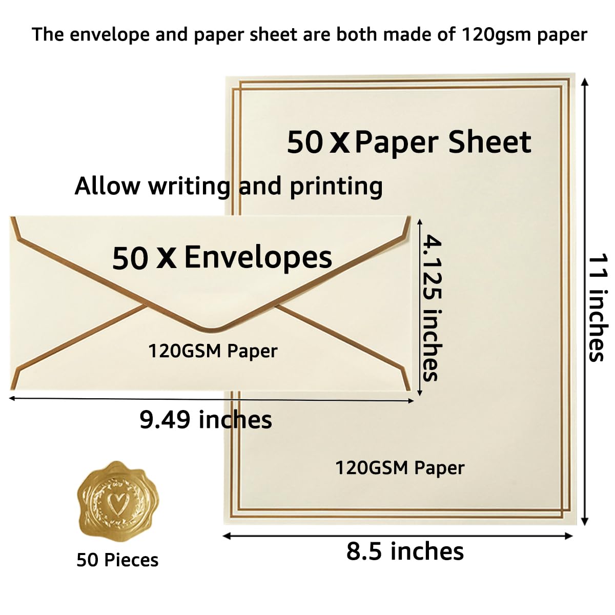 Topeen 50 Pack Stationery Set with Gold Border, #10 Business Envelopes and 8.5x11 Paper Sheets and Stickers for Writing Letters (Cream Color, 8.5x11 Inches)