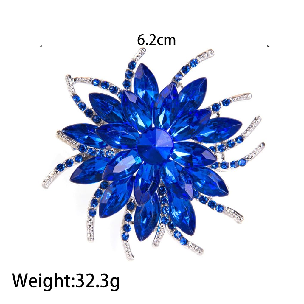 Rhinestone Large Flower Brooches Pins for Women Fashion Sparkly Crystal Sunflower Statement Brooch Unique Wedding Party Suit Dress Jewelry Accessories (Blue2)