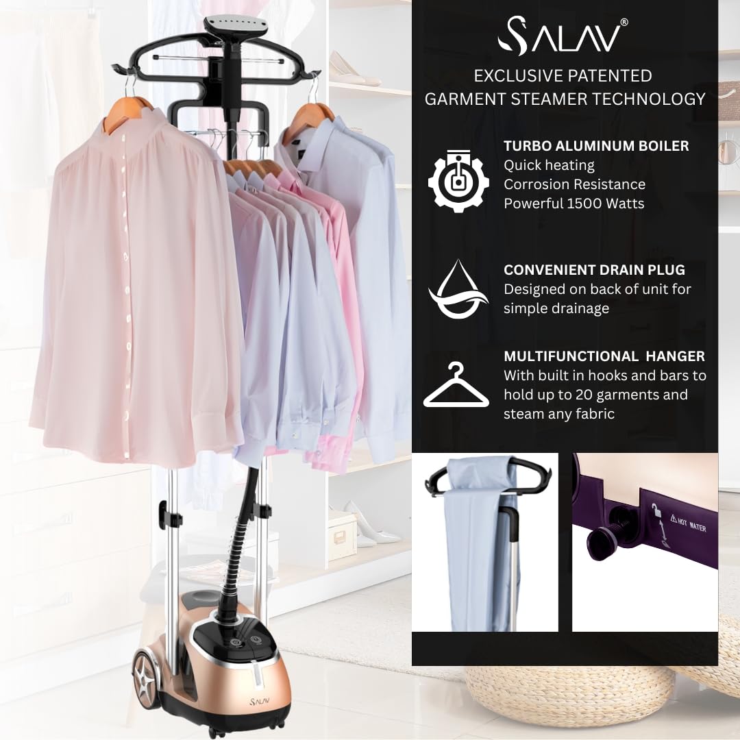 SALAV® Professional Standing Garment Steamer with Retractable Power Cord, Foot Pedal Control, Wheels for Easier Movement (Gold)