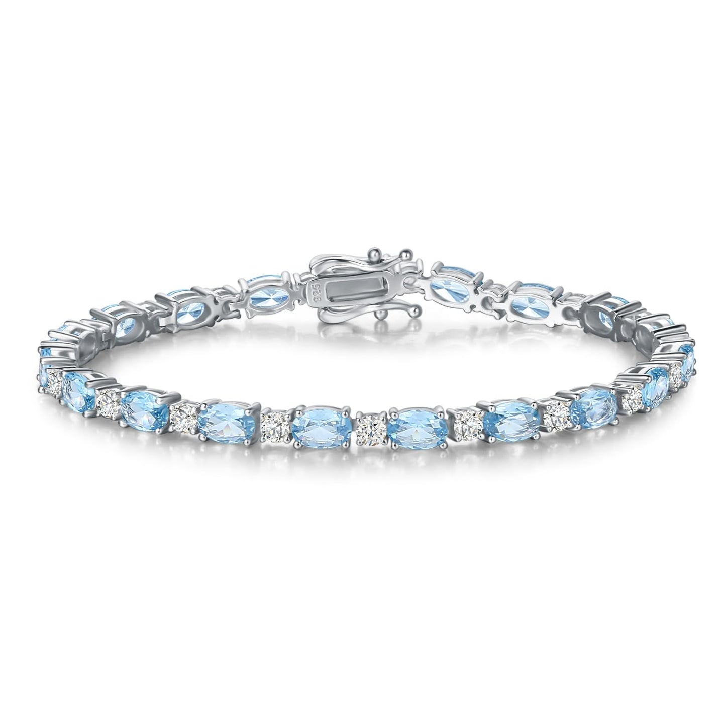 FANCIME Sterling Silver Created Aquamarine Tennis Bracelet March Birthstone Bracelet Oval CZ Dainty Charm Fine Jewelry for Women 7"
