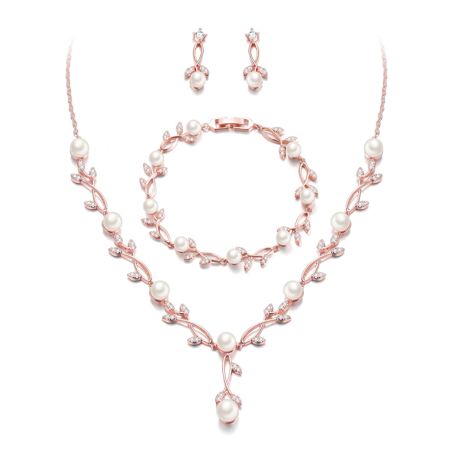 EVER FAITH Wedding Jewelry Sets for Bride Bridesmaids, Rose Gold-Plated-Brass White Cubic Zirconia Simulated Pearl Leaf Bridal Party Necklace Earrings Bracelet Set for Women