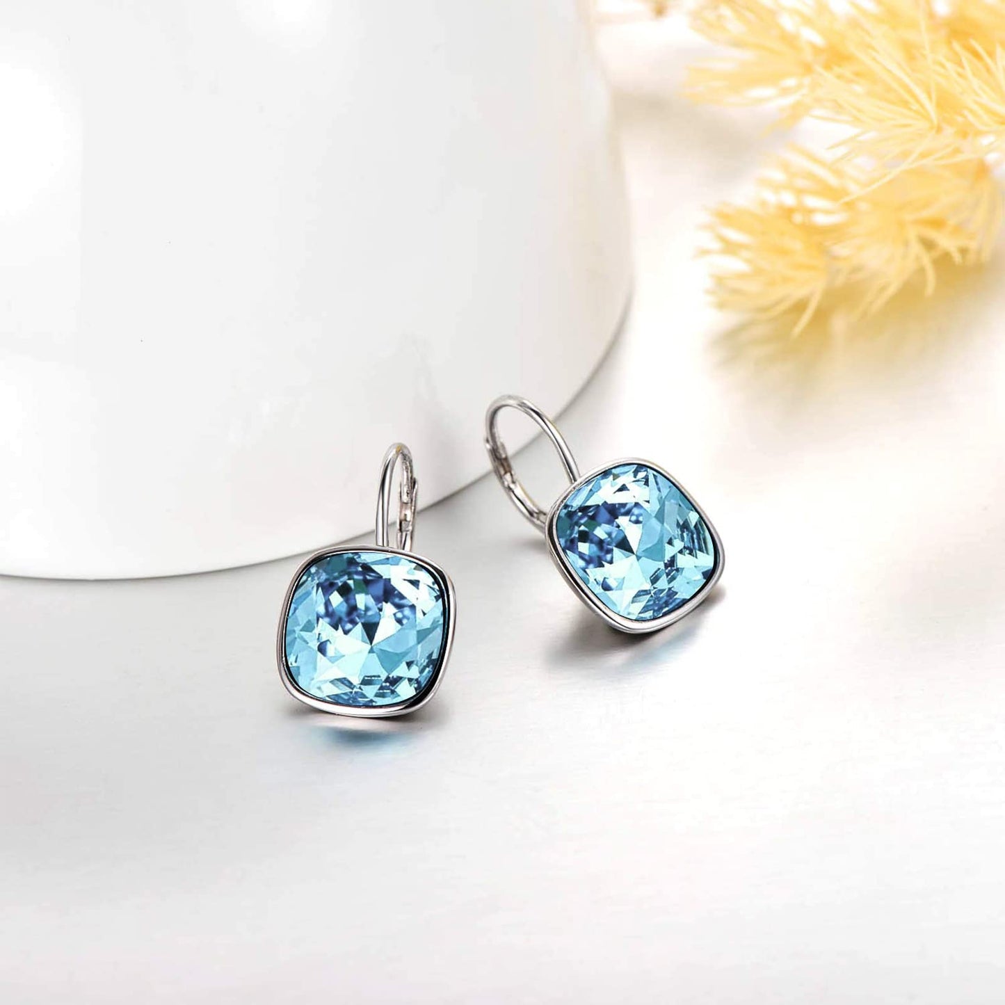 AOBOCO Sterling Silver Leverback Earrings Embellished with Crystals from Austria, Hypoallergenic Cushion Cut Square Crystal Earrings, Fine Anniversary Birthday Jewelry Gifts for Women (Simulated Aquamarine)