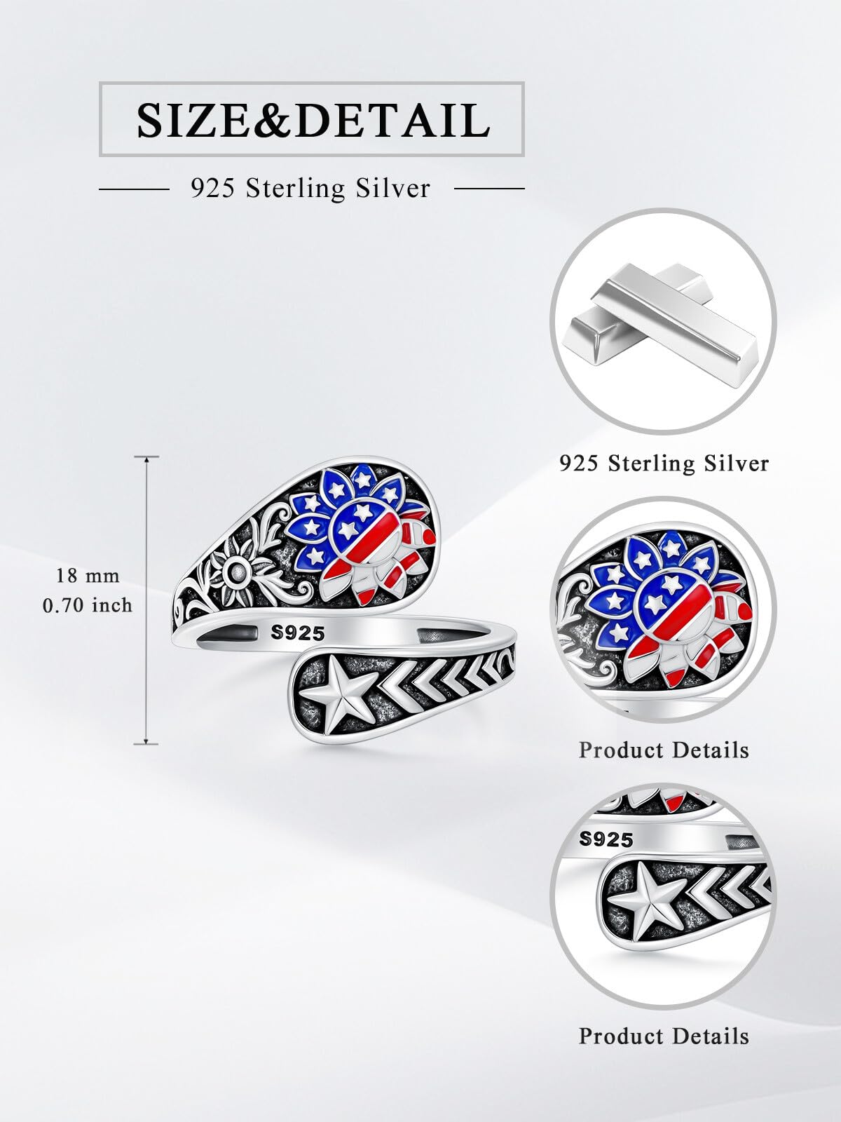 Midari American Flag Sunflower Spoon Rings for Women 925 Sterling Silver Adjustable Patriotic Rings Open Spoon Thumb Rings Red White and Blue Jewelry for Women Men Birthday Independence Day Gifts