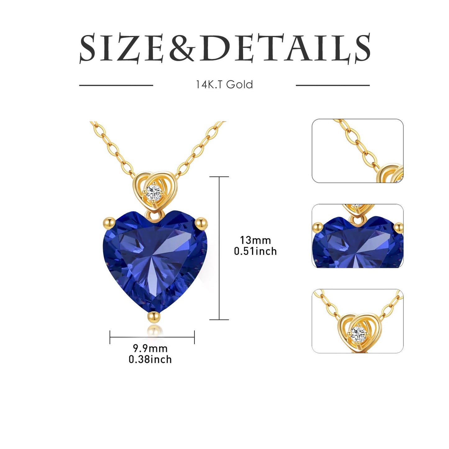 NFYBD 14k Gold Love Heart Blue Sapphire Birthstone Pendant Necklace for Women 3 Carat Heart-cut Created Gemstone Anniversary Birthday Mother's Day Necklaces for Her 16+1+1 inch-Sept