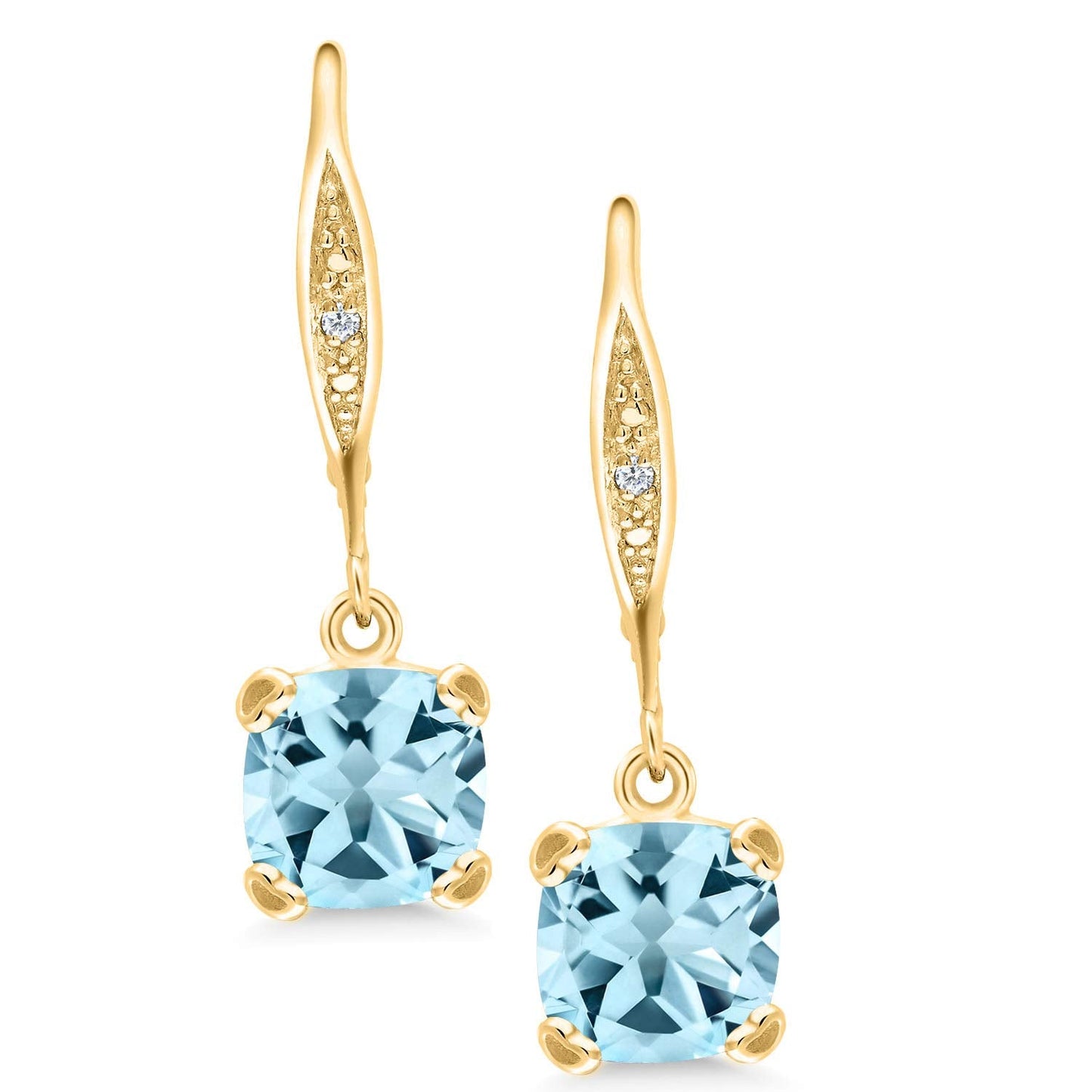 Gem Stone King Drop Dangle Earrings For Women | 7MM Cushion Cut Gemstone Birthstone and Diamond | 925 Sterling Silver | Jewelry Gift for Mom Wife Her | Sky Blue Topaz-November | Yellow Gold
