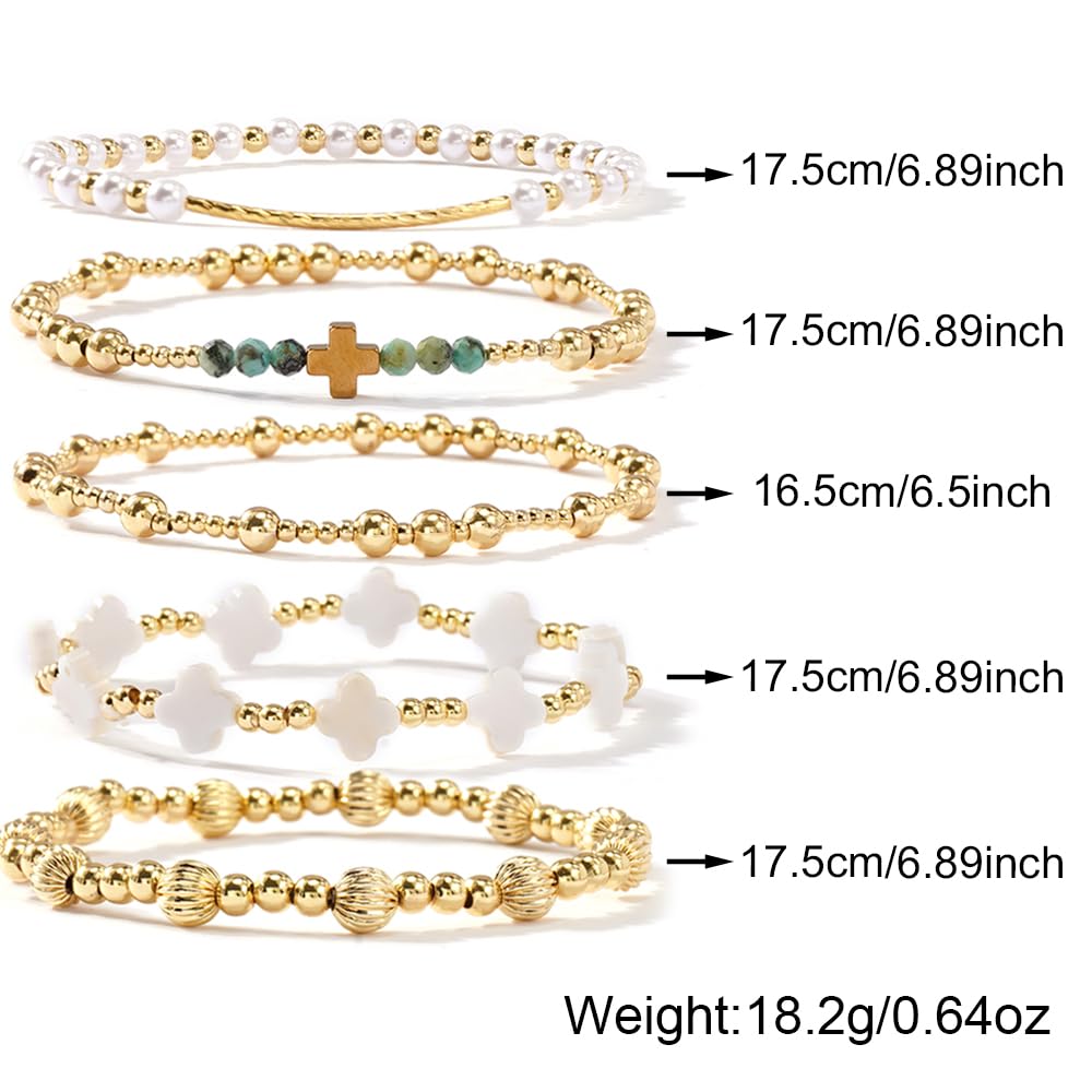 SHINUS BOHO Cross Clover Pearl Gold Beaded Bracelet Stack for Women,5PCS Dainty Handmade Boho Gold Plated Latern Beads Stackable Bracelets Set Fashion Prom Holiday Accessories Jewelry Gift Friendship
