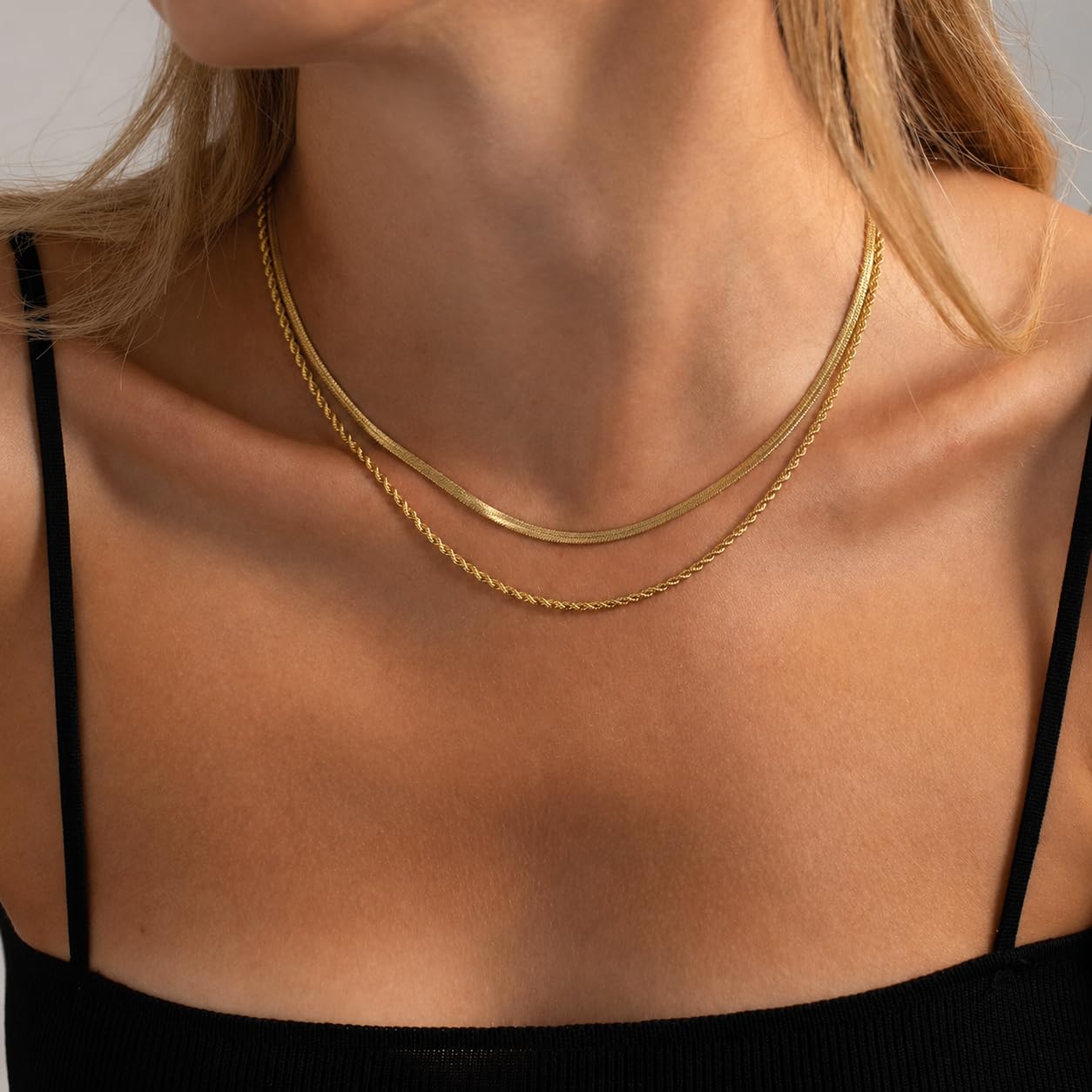 Freekiss Herringbone Necklace for Women,Dainty Snake Chain Necklace,14k Gold Plated Rope Necklace,Simple Layered Necklaces Jewelry Gift Women