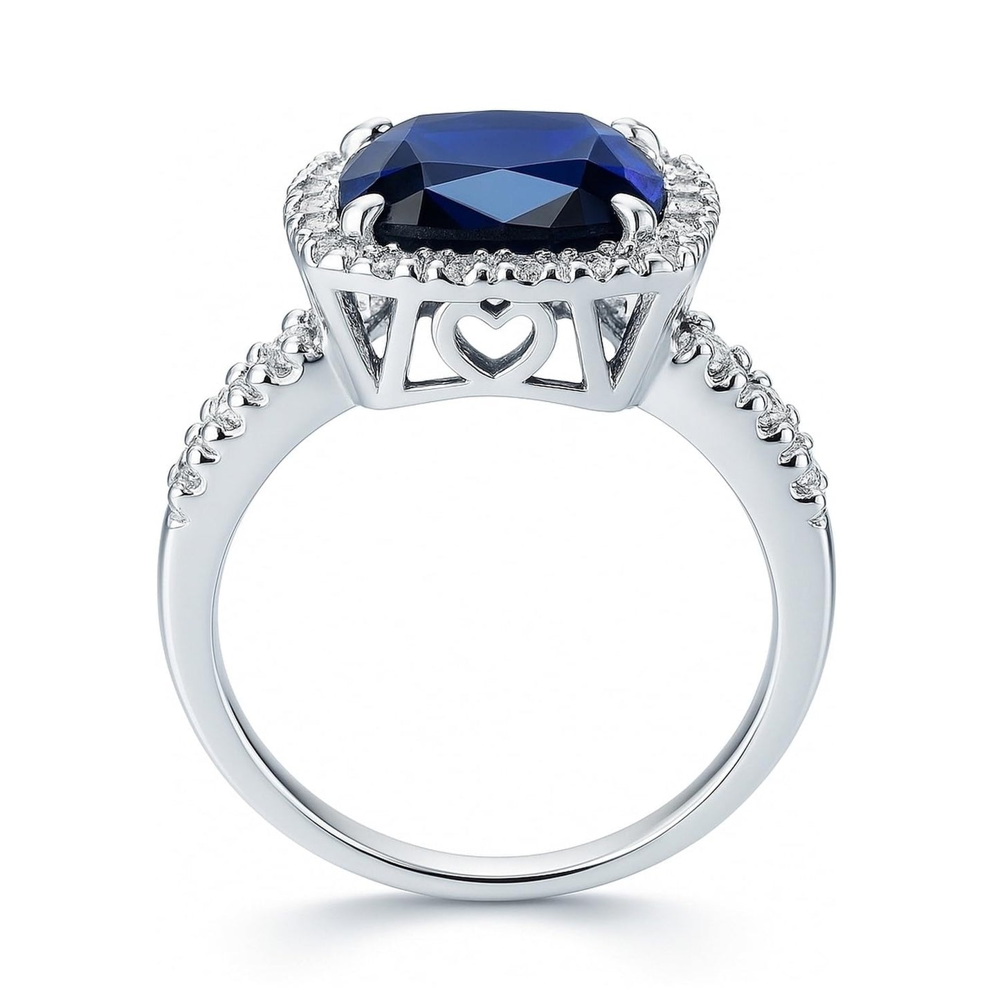 BERRICLE Sterling Silver Halo Simulated Blue Sapphire Cushion Cut Cubic Zirconia CZ Statement Cocktail Fashion Ring for Women, Rhodium Plated