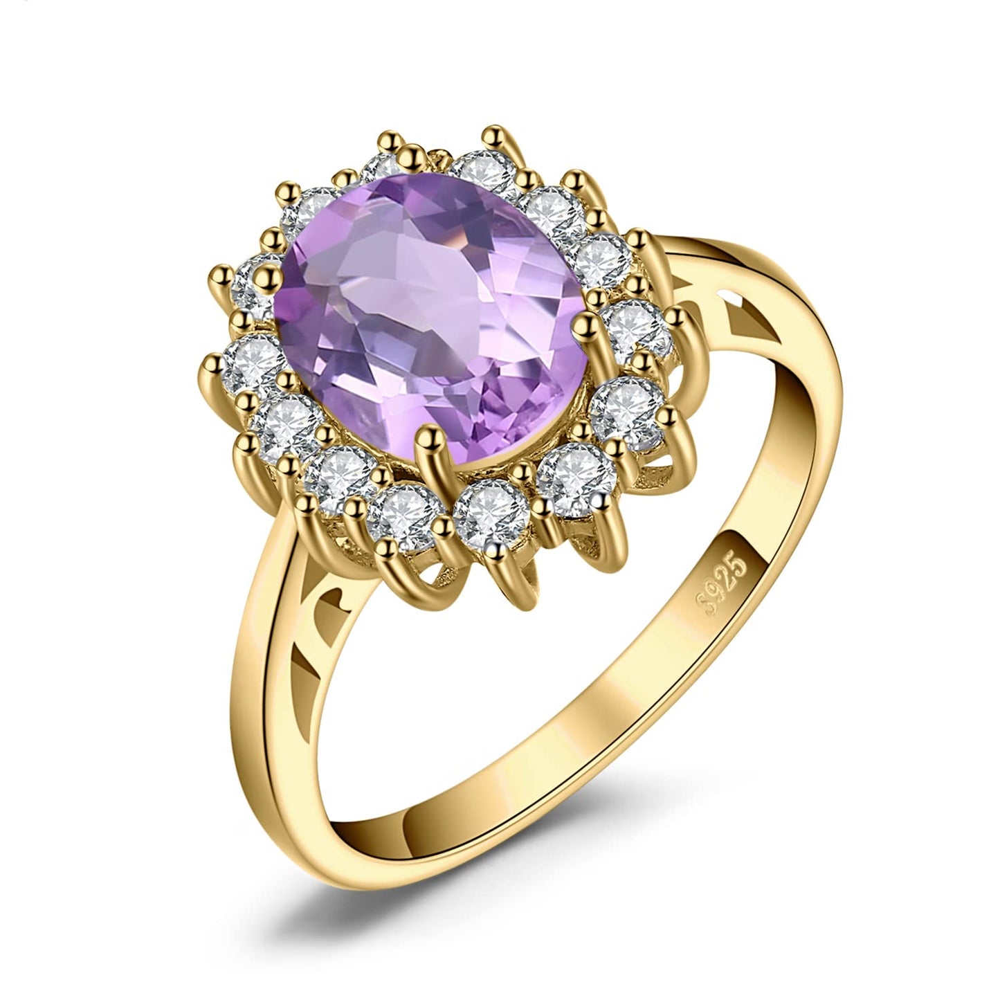 JewelryPalace Princess Diana Kate Middleton Gemstone Birthstone Purple Amethyst Halo Statement Engagement Rings for Women, 14K Yellow Gold Plated 925 Sterling Silver Promise Rings for Her Size 10.5