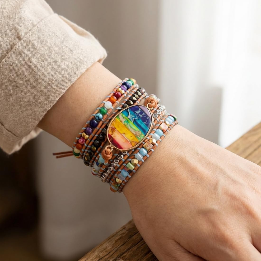 YGLINE Leather Handmade Chakra Stone Crystal Bead Wrap Bracelets Collection (Chakra 3)