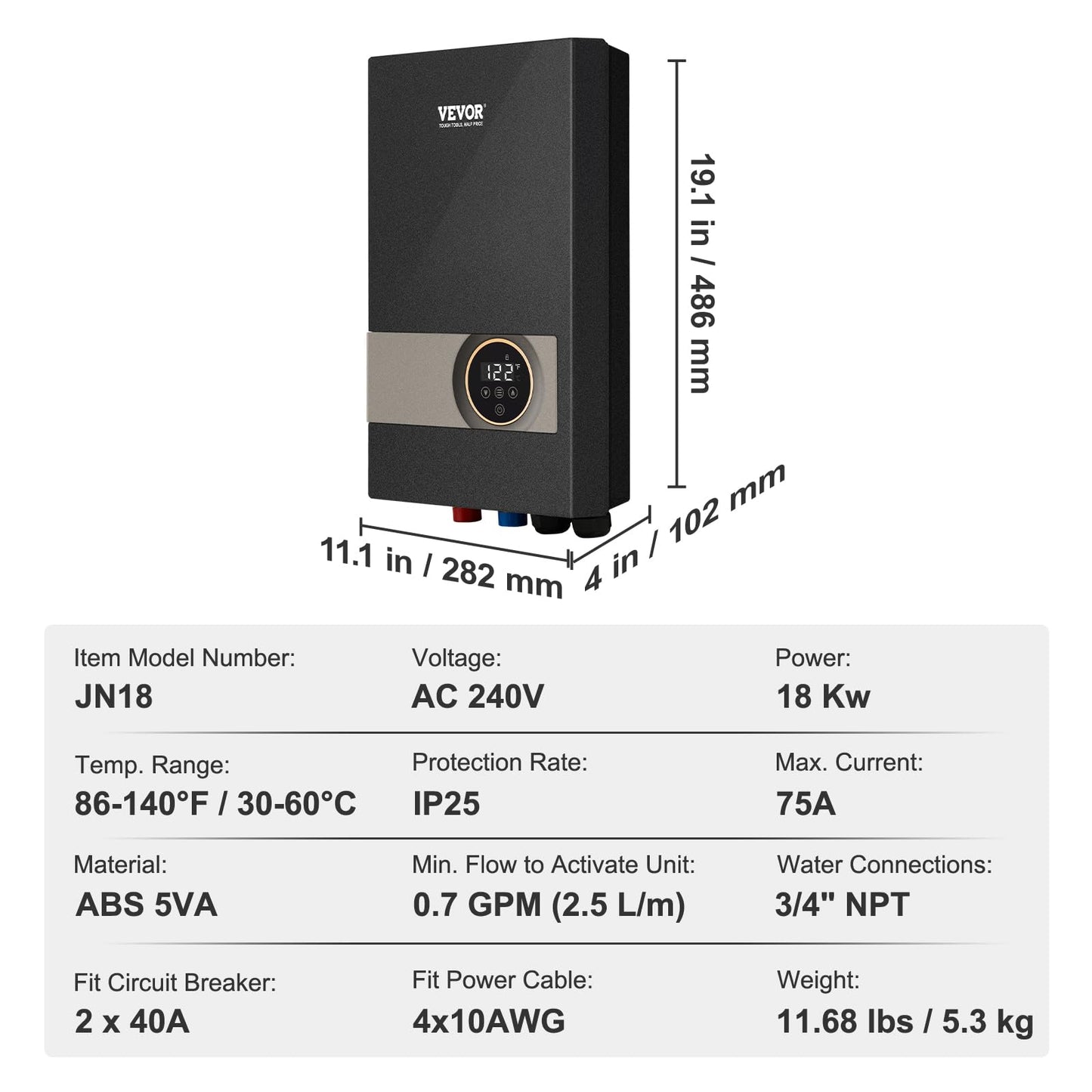 VEVOR Tankless Water Heater Electric 18KW, Compatible for Kitchen & Shower, LCD&Touchscreen, Digital Temperature Display, Child Lock, 240V, Black