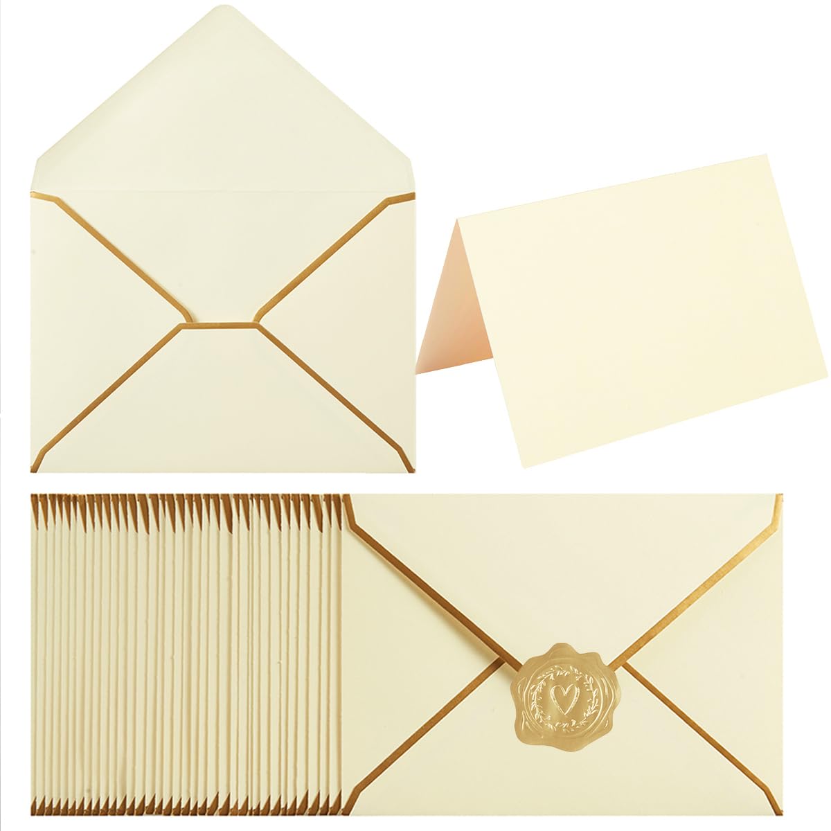 50 Pack A4 Envelopes with 4x6 Folded Cards and Gold Stickers, 4x6 Gold Envelopes for Office, Wedding, Invitations, Graduation, Baby Shower (Cream Color, 4x6)