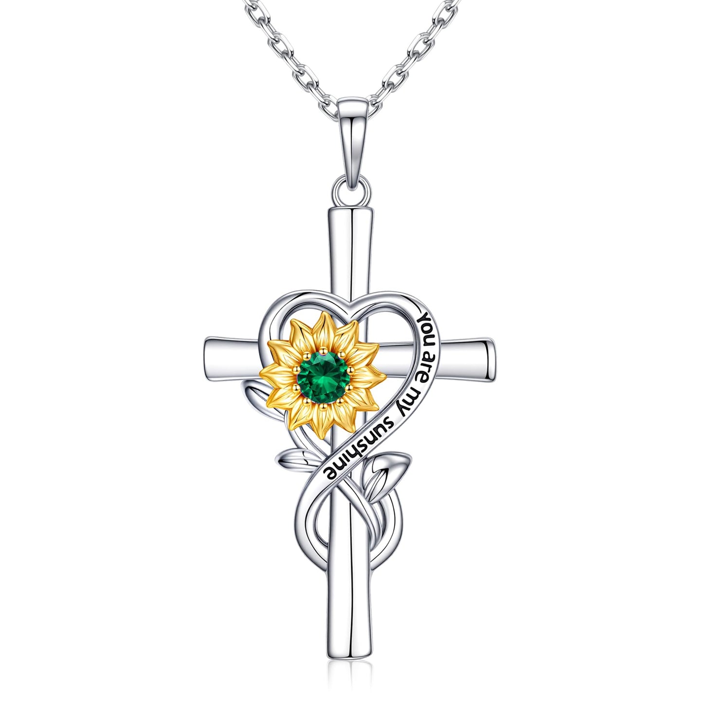 Iefil Mothers Day Gifts for Mom - First Time Mom Gifts | Sunflower Birthstone Necklaces, Simulated Emerald Cross Necklace for Women