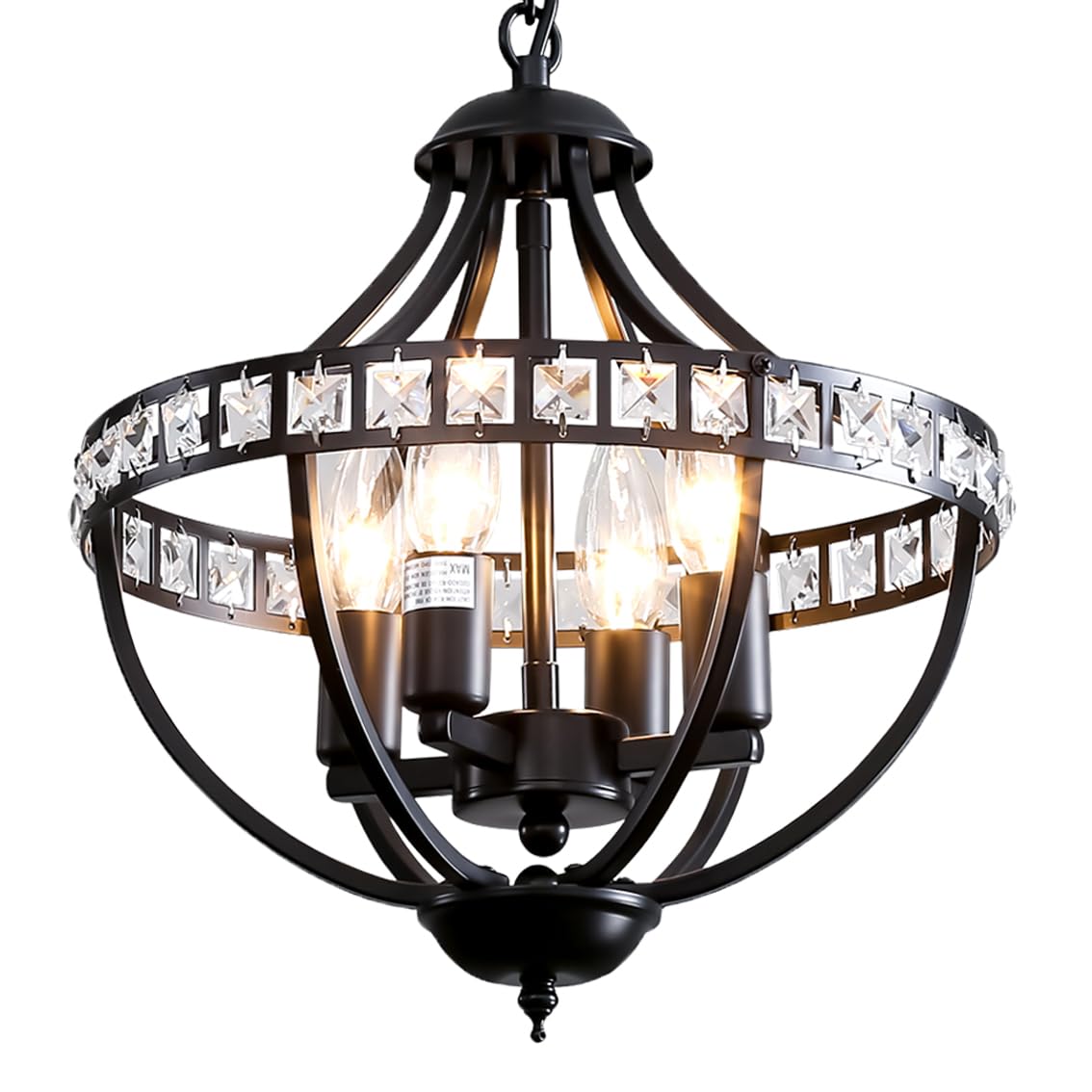 Lanpesting Crystal Chandelier Light Fixtures, 4-Lights Farmhouse Rustic Vintage Black Pendant Hanging Lighting Ceiling Chandeliers for Kitchen Island Dining Room Living Room Bedroom Foyer Hallway