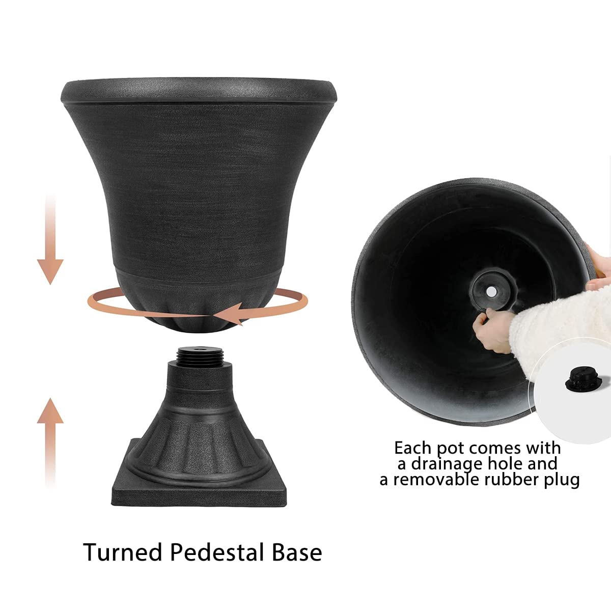 Worth Garden 2-Pack Plastic Urn Planters for Outdoor Plants, 22'' Black Tall Round Classic Resin Traditional Flower Pots - 15 in. Dia. Large Imitation Stone Decorative Pot Patio Deck Front Porch