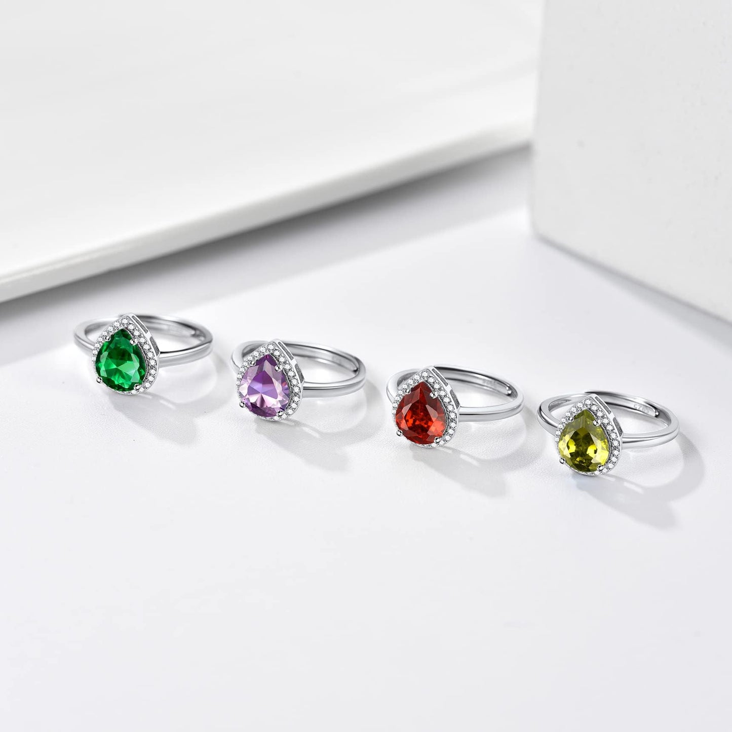 Bestyle Flattering June Alexandrite Teardrop Crystal Rings Halo Cubic Zirconia Rings for Women Dainty 925 Sterling Silver Hypoallergenic Adjustable Rings, Size #6-#12