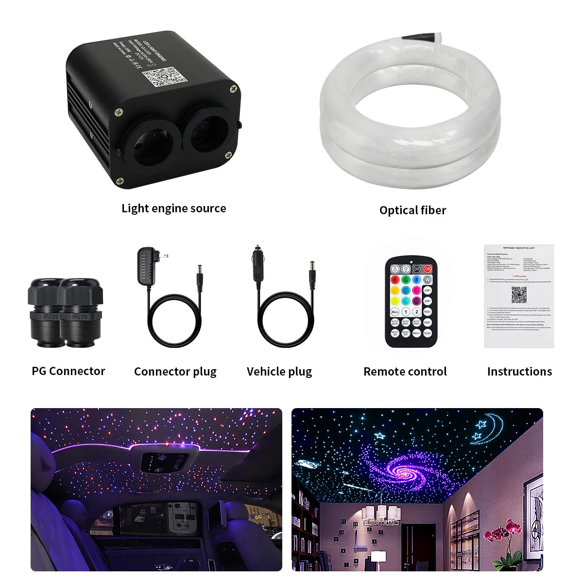 AZIMOM Dual Color 20W Twinkle Fiber Optic Starlight Headliner Kits Mixed 860pcs*13.1ft Fiber Strands Sound Activated Remote APP Control RGBW Light Source Home Car Ceiling Headliner Décor
