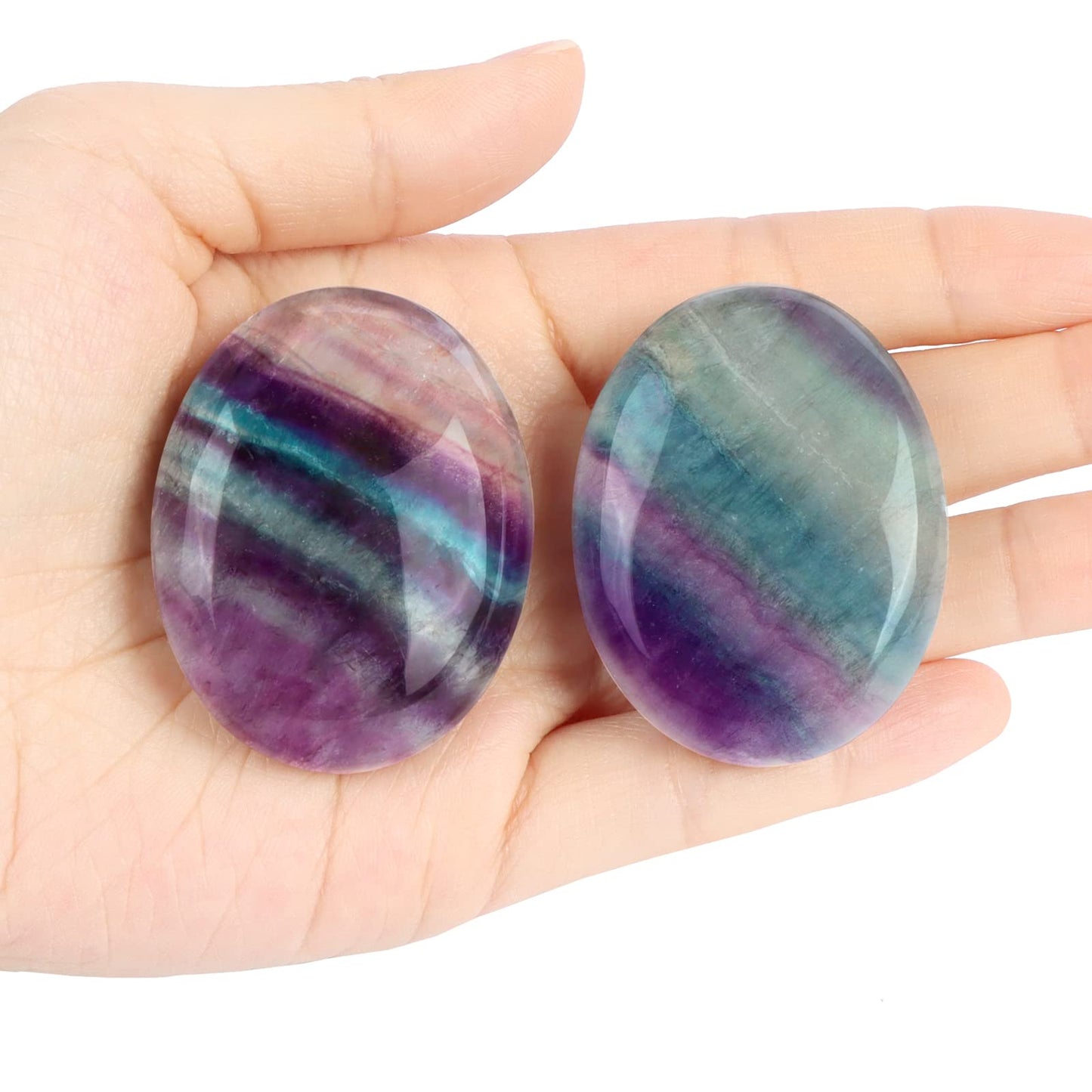 Hxswkk 2PCS Worry Stones for Anxiety Rainbow Fluorite Crystal Thumb Palm Stone Sets Handcarved Polished Oval Gemstone Chakra Decor Thoughtful Gifts