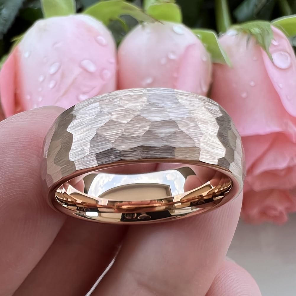 TUTISS 8mm Rose Gold Hammered Tungsten Rings for Men Women Engagement Wedding Bands Domed I Love You Engraved Comfort Fit Size 6