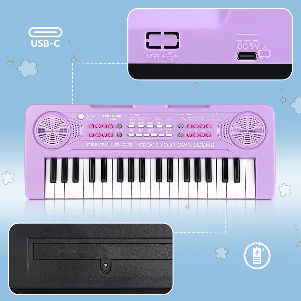 Keyboard Piano for Kids, BIGFUN 37 Keys Toddler Piano Multifunction Music Educational Instrument Toy, Electronic Kids Keyboard for 3-7 Year Old Girls and Boys (Purple)