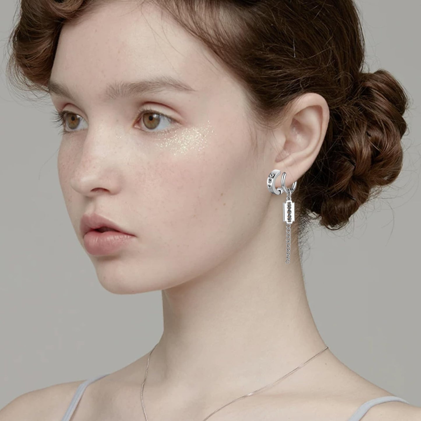 14 Pcs Silver Gothic Viking Non Pierced Cross Sword Spike Awl Peace Dangle Chain Clip on Hoop Earrings Set for Unisex Fake Piercing CZ Earrings