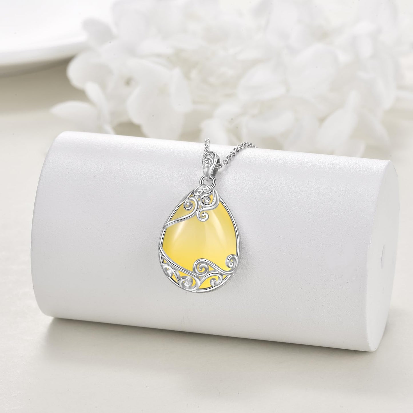 YAFEINI 925 Sterling Silver Yellow Agate Necklace Filigree Teardrop Pendant Necklace Jewelry for Women (DD-Yellow Agate Filigree Necklace)