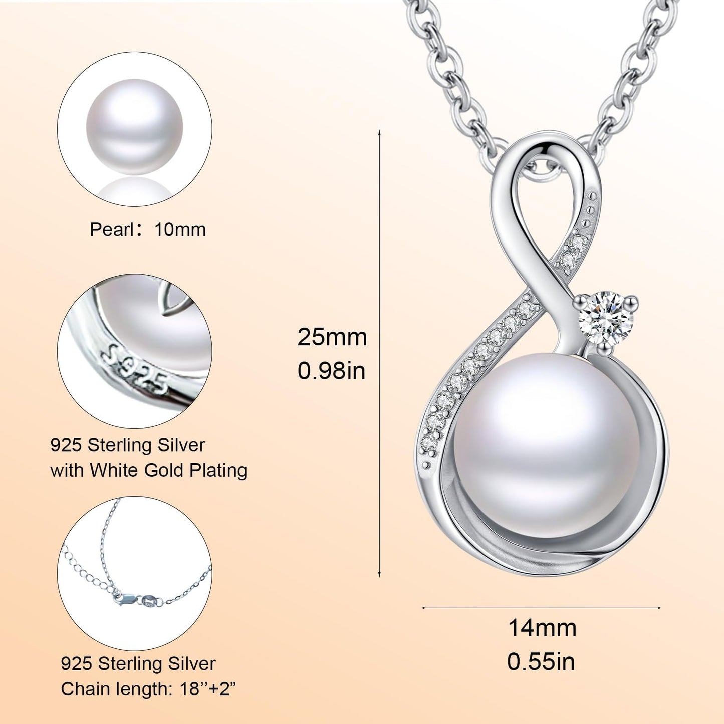 11 mm Infinity Pearl Necklace 925 Sterling Silver Jewelry 5A Cubic Zirconia Pendant Necklace Gifts for Mom Women Girlfriend Grandma Lover Her Wedding Birthday Anniversary Engagement Valentine's Day