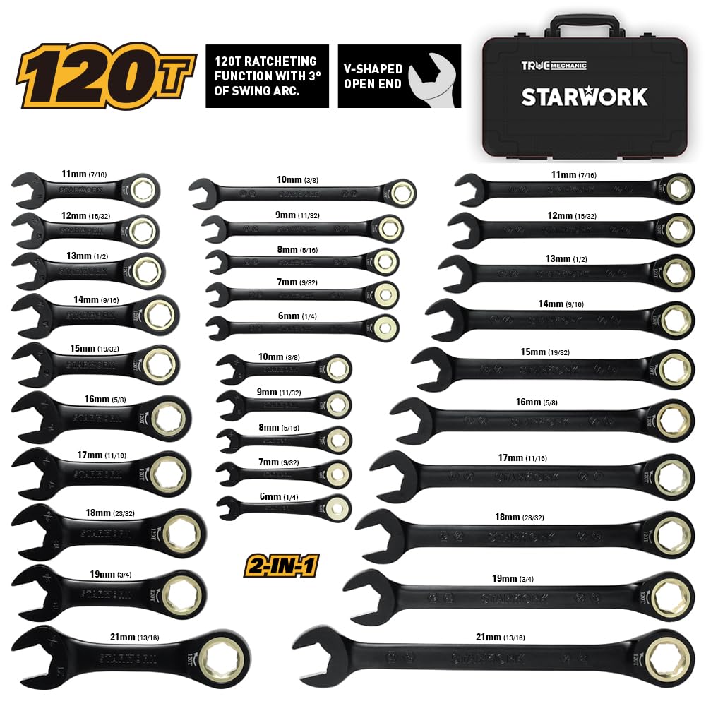 STARWORK TRUE MECHANIC™ 30-Piece 2-IN-1 Ratcheting Wrench Set, 120-Tooth, SAE&Metric, Gift Series with Black case, Professional