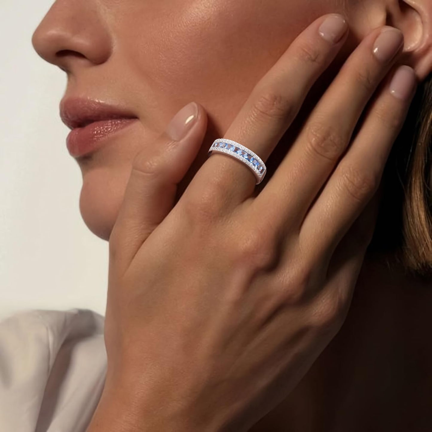 RANDES Blue Topaz Ring Band December Birthstone Ring 925 Sterling Silver Channel Set Half Eternity Band Rings for Women Size 9