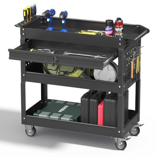 Pelnuies 3 Tier Rolling Tool Cart, 400 LBS Capacity Mechanic Tool Carts on Wheels, Heavy Duty Utility Cart with Drawers, Metal Work Cart for Garage, Warehouse and Repair Shop, Matte Black