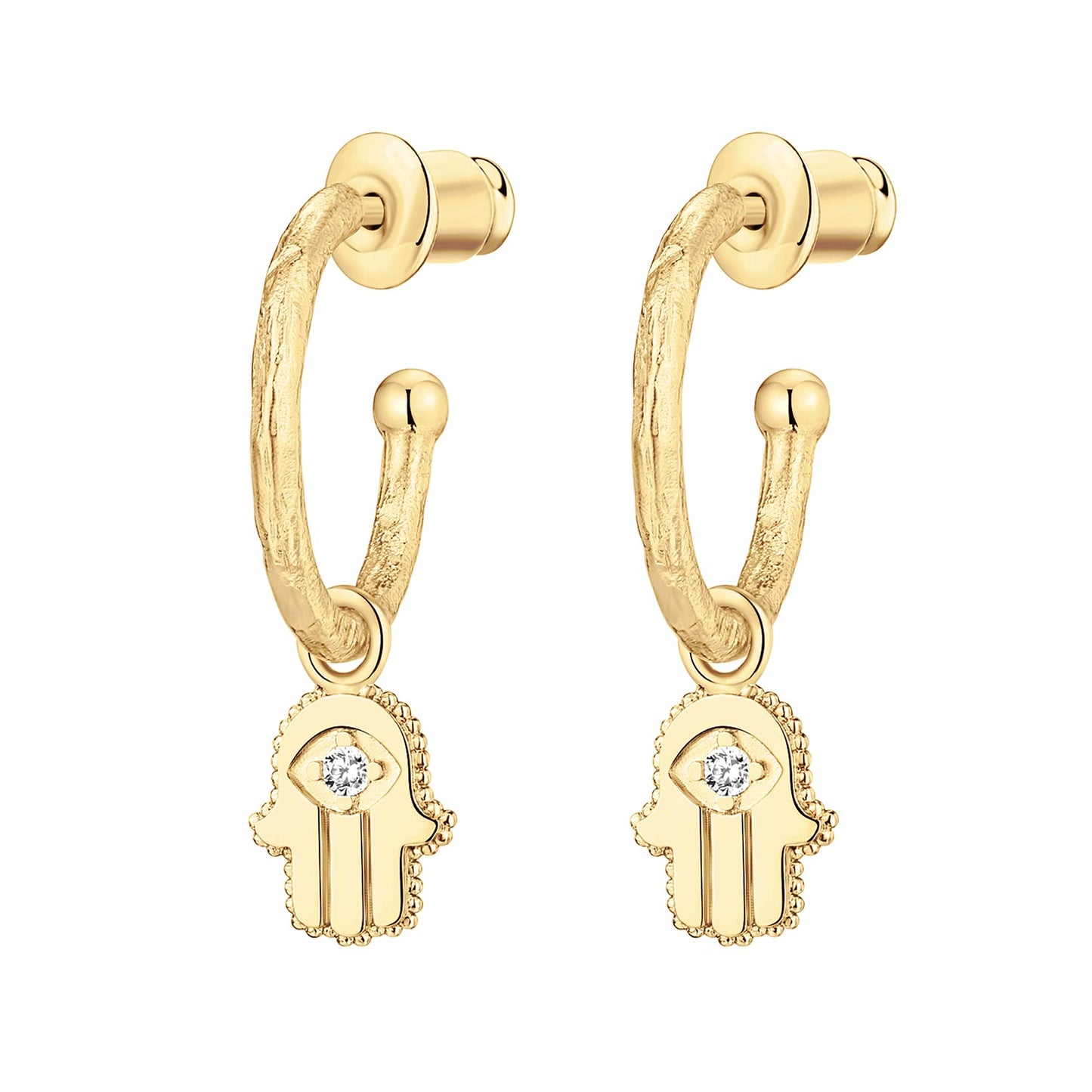 PAVOI 14K Yellow Gold Plated 925 Sterling Silver Post Good Luck Dangle Huggie Hoop Earrings For Women - Trendy Hamsa Drop Open Hoop Earrings - Cubic Zirconia Small Hinged Hammered Huggies
