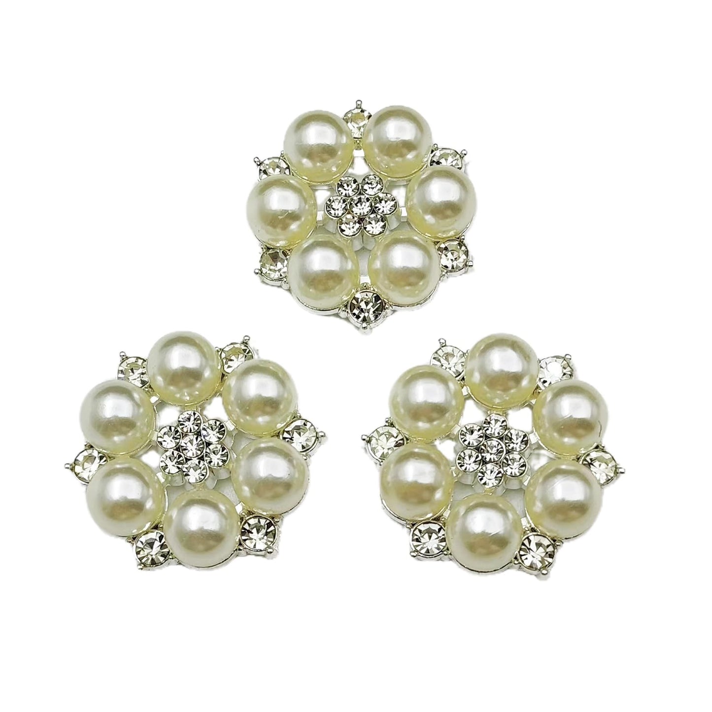 YOOGCORETT 10pcs Pearl Rhinestone Flat Back Embellishments Sew On Buttons Flower Buttons for DIY Craft, Bags Shoes Dress Decoration, 28 x 25mm, Silvery
