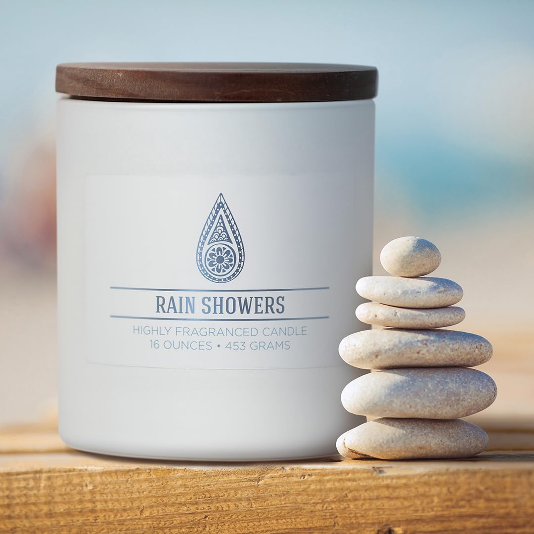 Carolina Rain Showers Scented Candle, 16 oz Wellness Relaxing Aromatherapy Candle, 2 Wick White Jar Soy Blend Wax, Candles for Home, 60H Burn - Made in The USA