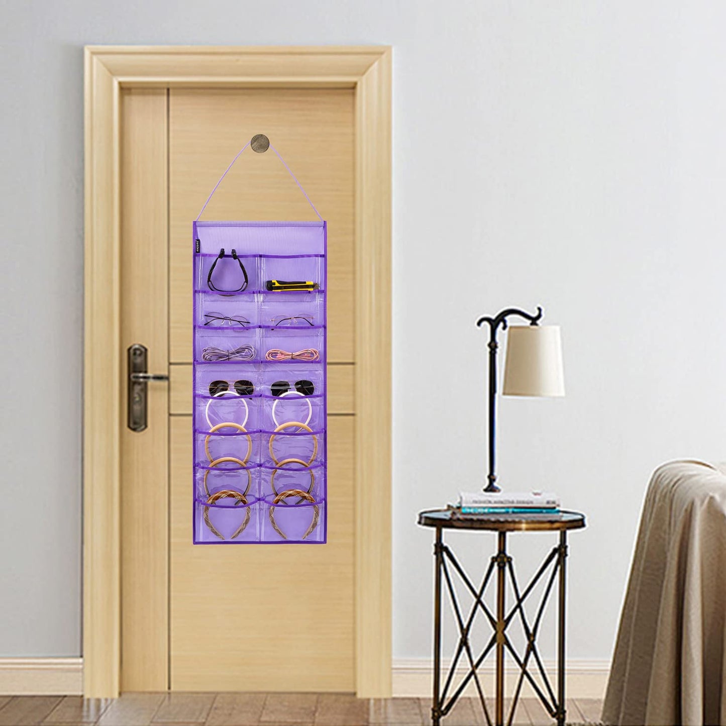 ANZORG Wall Hanging Headband Organizer Ribbon Hair Hoops Storage Hairbands Hair Accessory Holder with Clear Pockets (PURPLE-16 POCKETS)