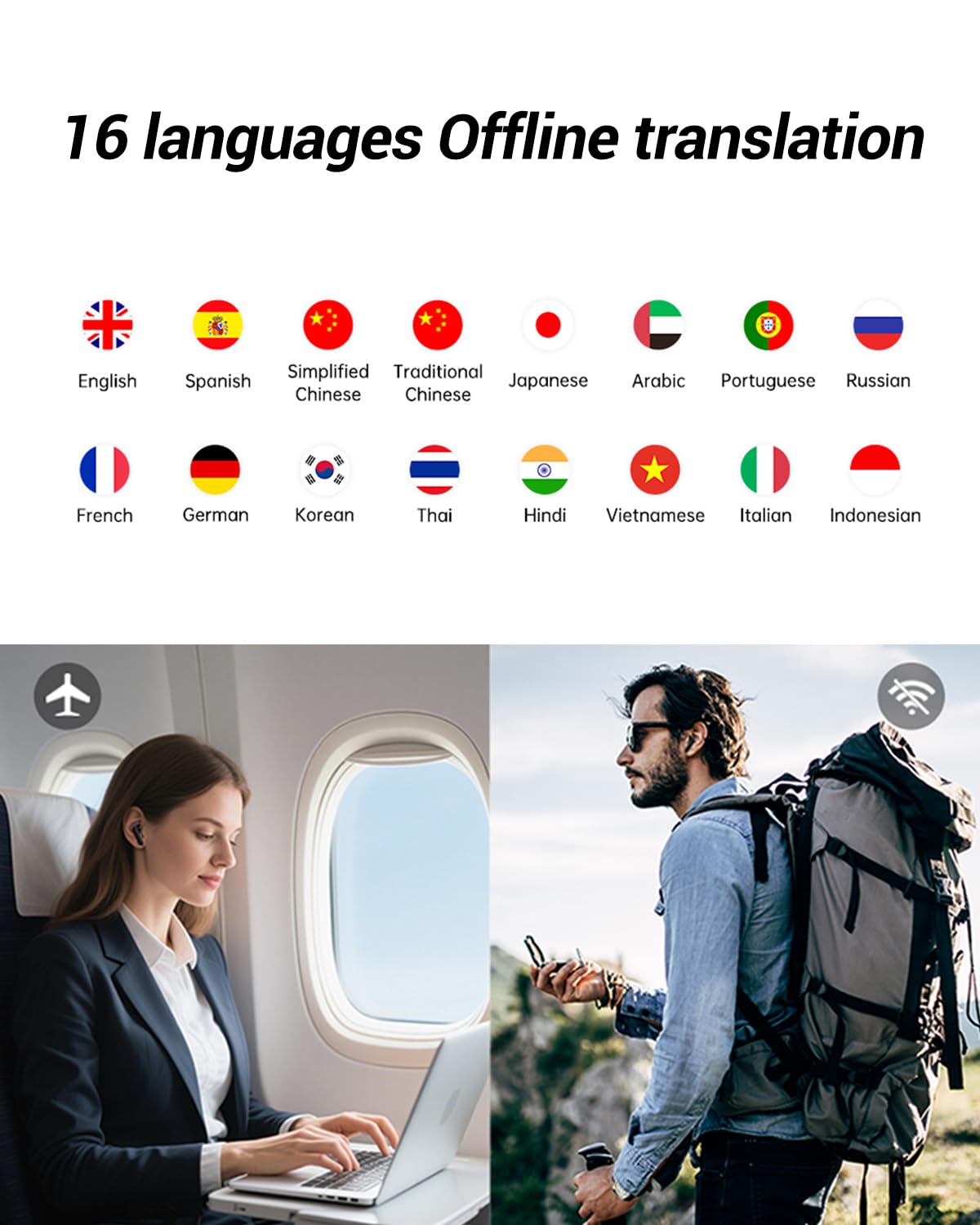 Wooask A8 Translation Earbuds, AI Translation Earbuds Real Time No APP Needed, No Subscription, 2025 Latest Two-Way Translator Device Support ChatGPT/Recording for Travel, Business, Learning Language