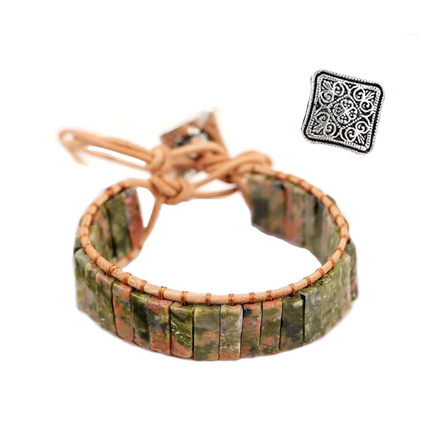 KunBead Women Green Chakra Imperial Jasper Bracelets Healing Crystal Natural Stone Bead Leather Wrap Handmade Rope Adjustable Bracelets