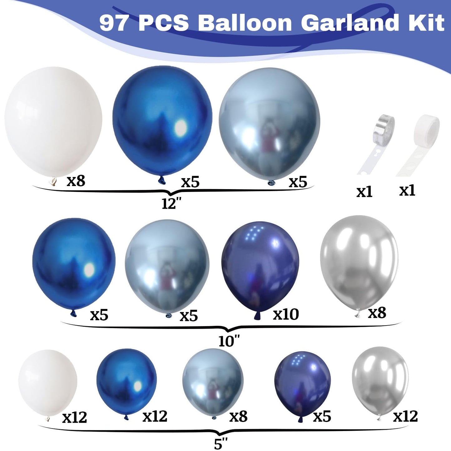 Blue White Silver Balloon Arch Kit, Navy Blue Silver White Balloon Garland with Metallic Dark Blue Light Blue Silver Balloons for Boys Men Birthday Baby Shower Graduation Wedding Party Decorations
