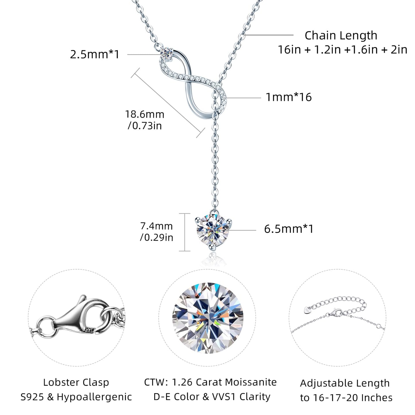 AINUOSHI Twist Infinity Y Necklace Moissanite Pendant Lariat Necklace For Women 925 Sterling Silver Dainty Drop Necklaces 1.26CT with Certificate of Authenticity D Color VVS1 Birthday Prom Anniversary Christmas Valentine's Day Gifts 16 to 20 Inch