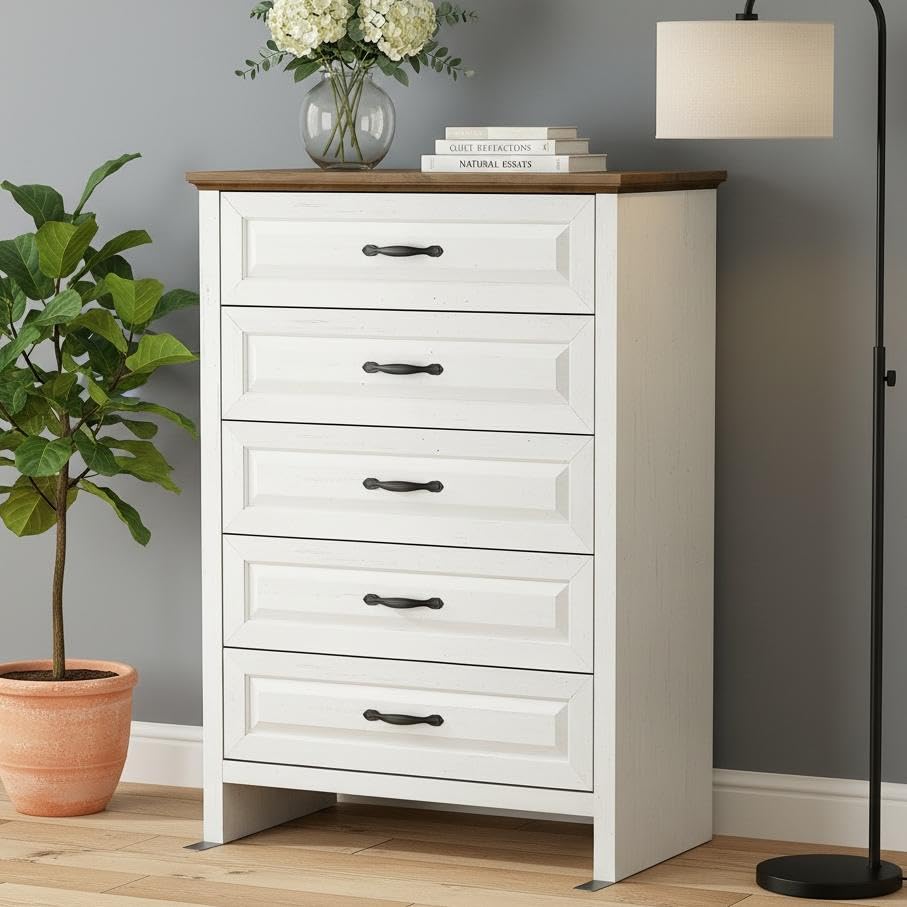 Marsail Farmhouse 5 Drawer Dresser, Wood Chest of Drawers with Natural Texture, Smooth Gliding Drawers, Versatile Storage Organizer Cabinet for Bedroom & Living Room, White and Brown